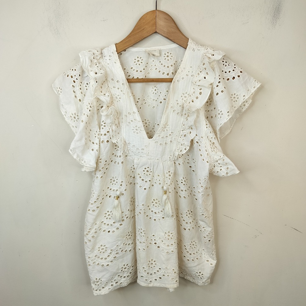 Nicole Miller Artelier Eyelet Blouse Medium Flutter Sleeve Ruffled Tasseled